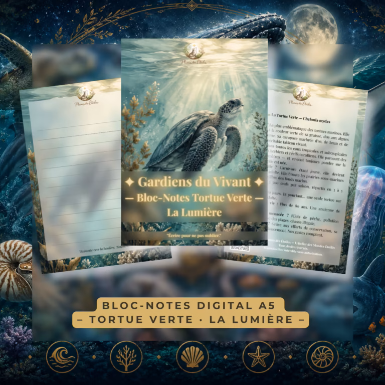 ✨ Découvre le Bloc-Notes Digital La Lumière, une création aquarelle poétique de la collection Gardiens du Vivant. Illustré d'une tortue verte remontant vers les rayons dorés de l'océan, ce PDF A5 de 50 pages lignées t'invite à écrire avec intention, à chaque page tournée.