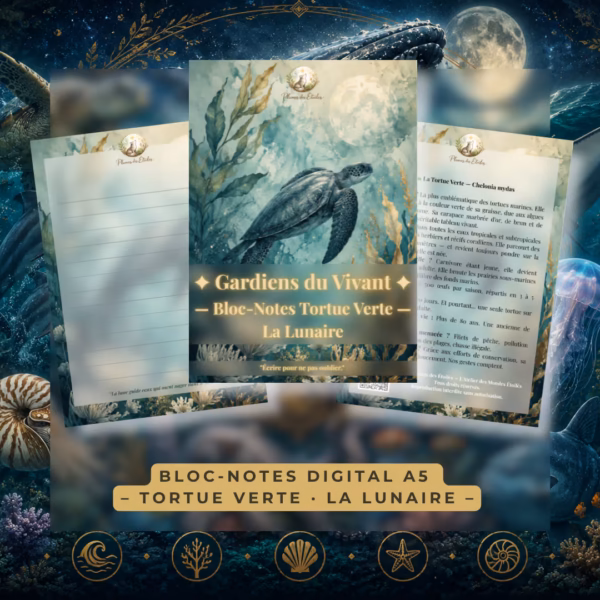 🌕 Découvre le Bloc-Notes Digital A5 – Tortue Verte · La Lunaire, une création aquarelle onirique de la collection Gardiens du Vivant. Illustré d'une tortue verte nageant sous une pleine lune dorée, ce PDF A5 de 50 pages lignées célèbre la magie des nuits océanes.