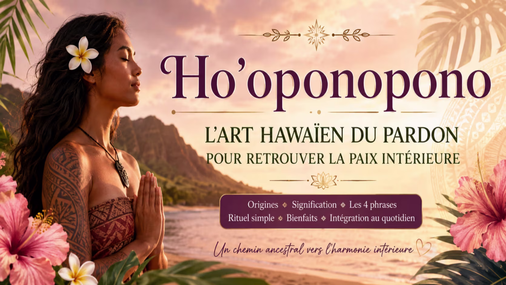 Découvre le Hoʻoponopono, la sagesse ancestrale hawaïenne du pardon : origines, signification, les quatre phrases, rituel guidé et bienfaits pour retrouver la paix intérieure.