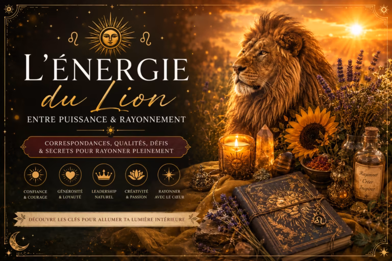 Explore l'énergie spirituelle du Lion : correspondances sacrées, pierres, rituels solaires et pratiques pour cultiver confiance, créativité et rayonnement authentique.