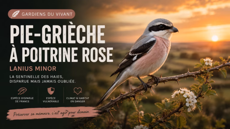 Découvre l'histoire tragique et l'espoir de la Pie-grièche à poitrine rose. Comprend ses menaces, son symbolisme et rejoins la Collection Gardiens du Vivant pour agir.