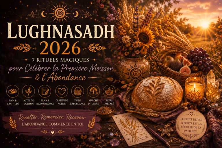 Découvre la symbolique de Lughnasadh 2026, première moisson de la roue de l'année, et 7 rituels doux pour célébrer la gratitude et l'abondance.