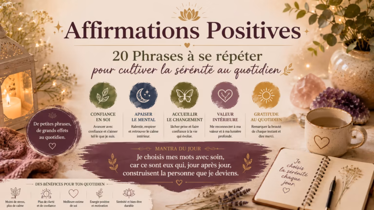 20 affirmations positives groupées par intention — confiance en soi, apaisement du mental, gratitude — pour cultiver la sérénité au quotidien, avec des conseils pour bien les utiliser.