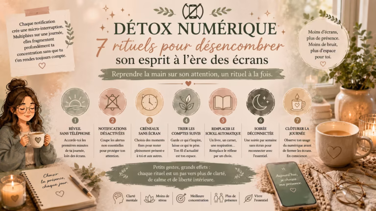 7 rituels simples pour réduire son usage des écrans et retrouver de l'espace mental : réveil sans téléphone, notifications, créneaux sans écran, tri des comptes suivis et soirée déconnectée.