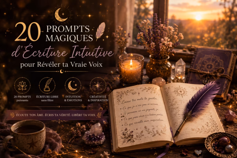 20 prompts d'écriture intuitive pour renouer avec toi-même, libérer ce qui doit sortir et retrouver ta vraie voix, sans jugement.