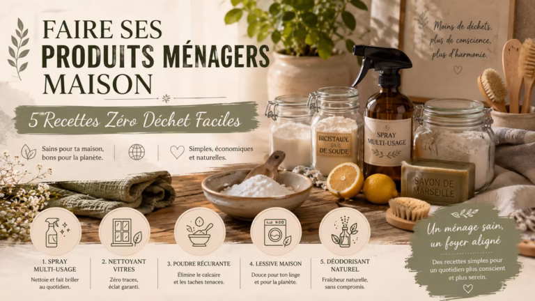 5 recettes faciles de produits ménagers maison zéro déchet : vinaigre, bicarbonate et savon de Marseille pour un intérieur sain et économique.
