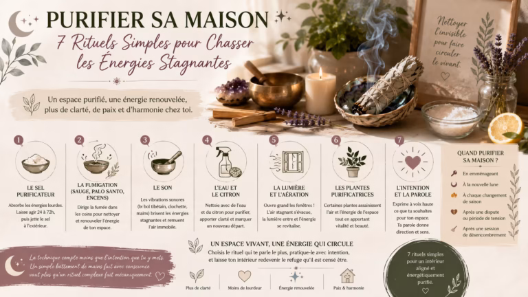 Découvre 7 rituels simples pour purifier sa maison et chasser les énergies stagnantes : sel, fumigation, son, eau citronnée, aération, plantes et intention.
