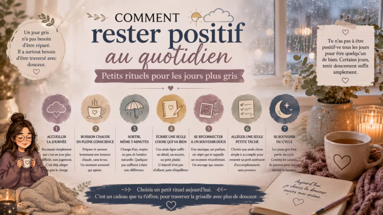 Comment irradier la positivité au quotidien sans se forcer : petits rituels doux pour traverser les jours gris avec bienveillance.