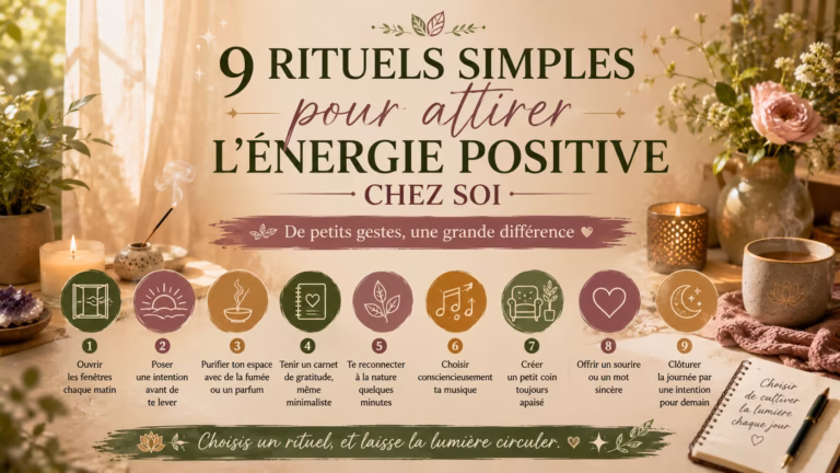 9 rituels simples et concrets pour attirer l'énergie positive chez soi au quotidien : aération, intention du matin, gratitude, purification, musique et petits gestes pour cultiver une ambiance plus douce.