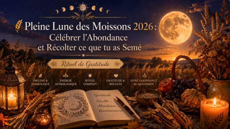 La Pleine Lune des Moissons 2026 t'invite à célébrer l'abondance de l'année écoulée. Découvre sa symbolique, l'énergie du Bélier et un rituel de gratitude pour récolter ce que tu as semé.