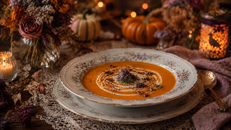 Un rituel d'automne magique en cuisine : découvrez le secret de notre velouté de Samhain crémeux à la courge rôtie, lait de coco doux et épices chaudes.