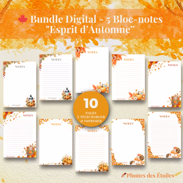 Télécharge mon bundle digital de blocs-notes Esprit d'Automne : 5 modèles poétiques en PDF A4 à imprimer pour tes rituels de saison.