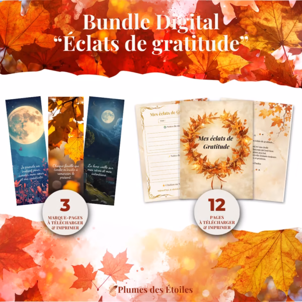 Cultive la joie quotidienne avec ce bundle digital Éclats de Gratitude : un mini journal d'introspection et 3 marque-pages assortis, en PDF.