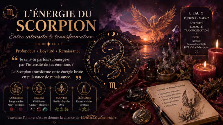 Explore l'énergie spirituelle du Scorpion : correspondances sacrées, pierres, rituels et pratiques pour cultiver profondeur, transformation et pouvoir intérieur au quotidien.
