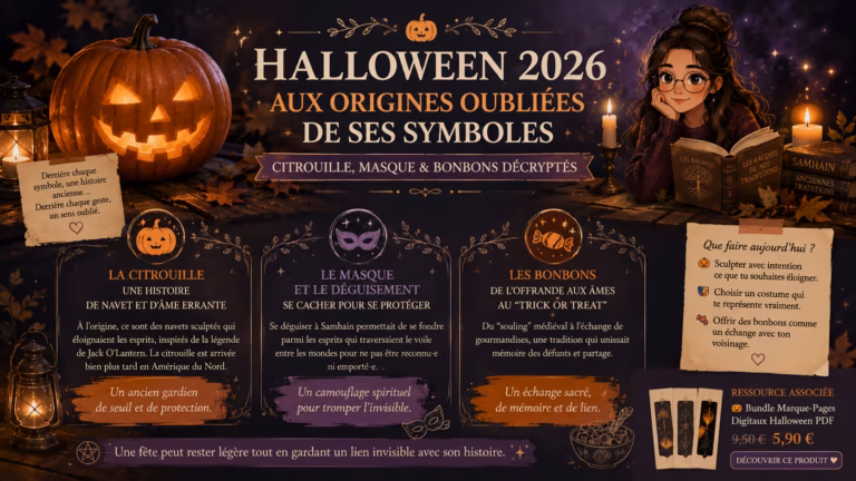 Découvre les origines oubliées des symboles d'Halloween : pourquoi la citrouille remplace le navet, l'origine protectrice du déguisement et le vrai sens du porte-à-porte aux bonbons.