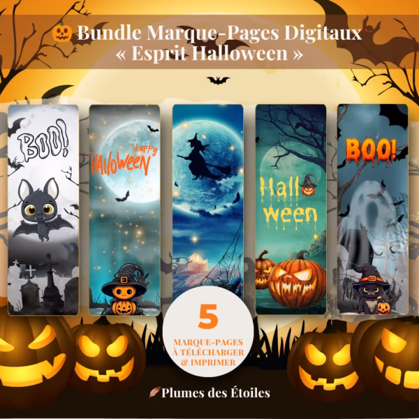 Illumine tes lectures d'octobre avec ce bundle de 5 marque-pages digitaux Halloween, en PDF haute résolution à imprimer chez toi.