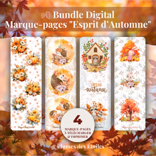 Plonge dans la poésie de la saison avec ce bundle de 4 marque-pages digitaux Esprit d'Automne, en PDF à imprimer.