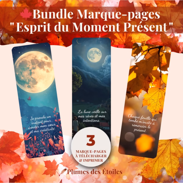 Offre-toi un souffle de douceur avec ce bundle de 3 marque-pages digitaux Esprit du Moment Présent, en PDF à imprimer.