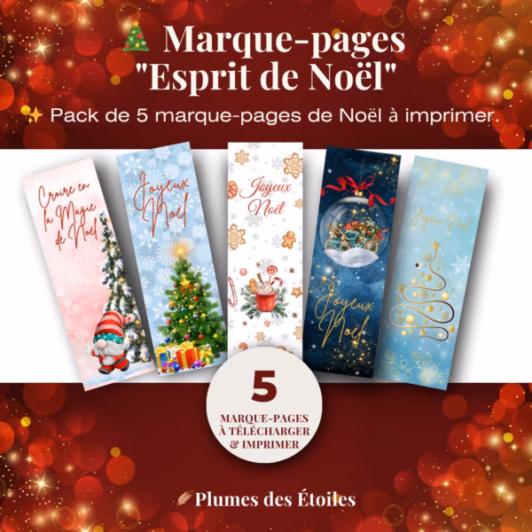 Plonge dans la féerie des fêtes avec ce bundle de 5 marque-pages digitaux Esprit de Noël : signets poétiques en PDF à imprimer.