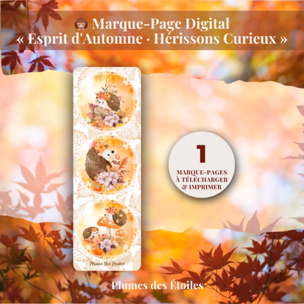 Invite la tendresse dans tes lectures avec ce marque-page digital Hérissons Curieux : un signet poétique en PDF haute résolution à imprimer.
