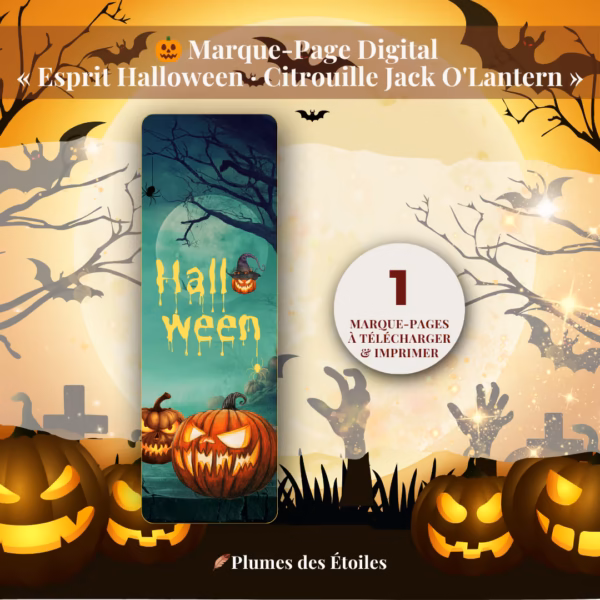 Illumine tes lectures d'octobre avec ce marque-page digital Citrouille Jack O'Lantern : un signet poétique en PDF haute résolution à imprimer.